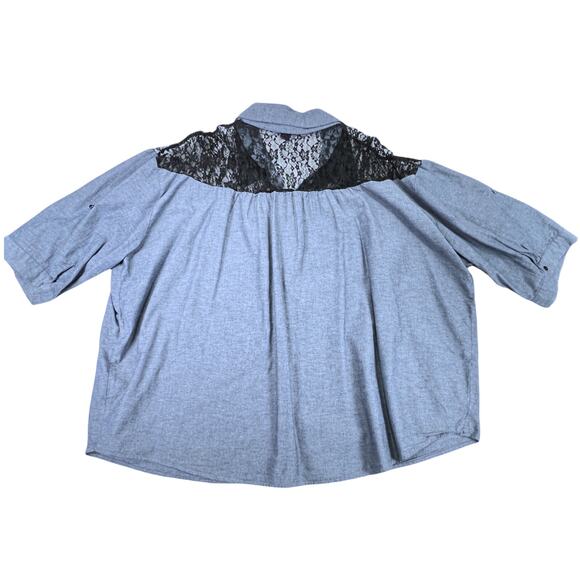 Beverly Drive Chambray & Lace Blouse Tunic 3/4 Roll Tab Plus 20-22W Blue Black - Picture 4 of 12